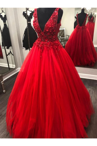 Col en V perles longues robes de bal florales rouges, magnifiques robes de soirée rouges
