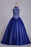 2024 Foncé Bleu Royal Halter robes de Quinceanera robe de bal en tulle avec des perles et strass