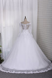 2024 Nouvelle robe de mariée A-Line Scoop à manches longues Tulle Court Train With Applique
