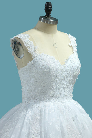 2024 bretelles tulle robes de mariée robe de bal avec appliques train chapelle