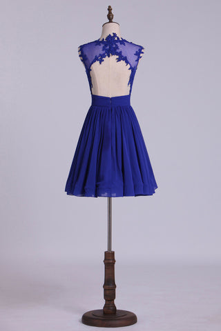 2024 Hot vente Robes Scoop A-ligne court / mini chiffon foncé Bleu Royal
