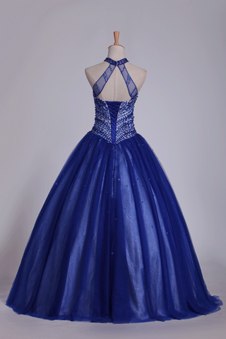 2024 Foncé Bleu Royal Halter robes de Quinceanera robe de bal en tulle avec des perles et strass