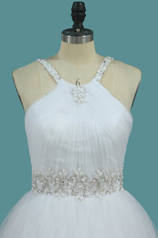 2024 Une ligne de robe de mariée licol sangles perlées et corsage plissé en tulle taille