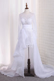 2024 Scoop manches longues robes de mariée Tulle &amp; Organza avec train de balayage Applique détachable