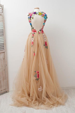 Belle dos ouvert charmant tulle élégante robes de bal appliques robes de bal
