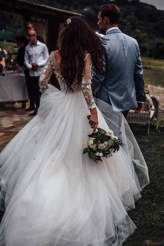 Voir élégant à travers des robes de mariage à manches longues en dentelle Applique Robe de mariée
