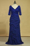 2024 Sombre Bleu Royal Mère des robes de mariée en mousseline de soie col V avec manches 3/4