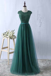 2024 Scoop Tulle &amp; Lace With Sash A Line Sweep Train Prom Dresses