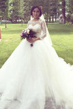 Princesse manches longues bateau de bal robes de mariée en tulle robe de mariée avec des applications de dentelle