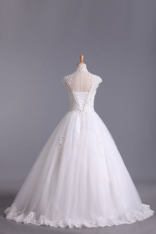 2024 col haut Une robe de mariage en ligne Tulle Avec Applique &amp; Perles