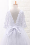 2024 Tulle Scoop Flower Girl Robes Ball Gown Mid-Length Sleeves With Sash