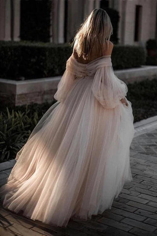 Princesse manches longues bouffantes hors de l'épaule robes de mariée en tulle, robes de mariée de plage