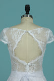 2024 A Line Robes de mariée Sexy Open Back Scoop Cap Sleeves Elastic Satin &amp; Lace