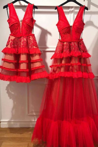 Charmante robe de bal rouge tulle col en v longue, robe de soirée