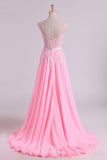 2024 Robes Sexy Prom / Mariage avec une grande fente A-ligne Scoop en mousseline de soie avec broderie et perles
