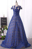 2024 Dark Royal Blue Robe de soirée Scoop Cap Sleeves See-Through Lace With Applique A Line