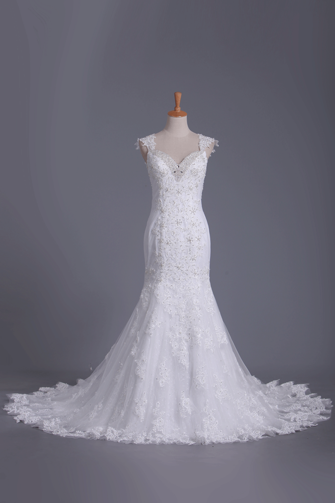 2022 Robes de mariée bretelles Tulle avec appliques dos ouvert train chapelle Mermaid / Trompette