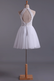 2024 blanc Halter Robes A-Line Tulle court / mini corsage perlé