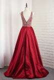 2024 A Line V Neck Satin With Beading Open Back Sweep Train Prom Robes
