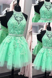 2024 A Line Homecoming Robes Halter Beaded Bodice Short / Mini Tulle Zipper Up