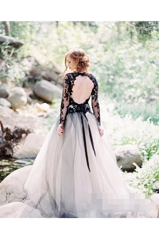 Robes de mariée manches longues appliques noir robes de mariée tulle
