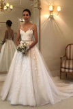Élégantes robes de mariée en tulle sans manches à col en V avec des appliques, une robe de mariée en ligne