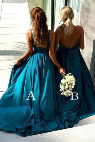 Longues robes de demoiselle d'honneur bleues simples à col en V avec fente
