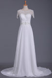 2024 Scoop robes de mariée gaine en mousseline de soie avec des perles balayage train