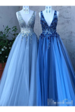Bleu ciel sequis 3D robes de bal de fleur une ligne robes formelles de cou v profond