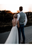 Robe de mariée de luxe en dentelle corsage tulle jupe avec une faible retour V robes de mariage minimalistes