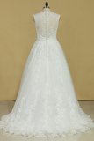 2024 Bouton Plus Size V-Neck robes de mariée A-ligne de train tribunal Tulle Avec Applique &amp; Ceinture couvert
