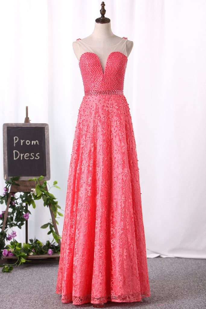 2024 A Line Lace Prom Dresses Scoop With Beading Sweep Train