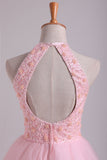 2024 Halter Robes A-Line Tulle court / mini corsage perlé