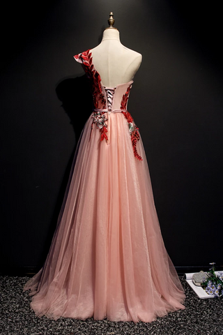 Une ligne une epaule tulle appliques rouge robe de bal longue robe de soirée