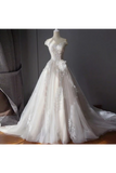 Superbe robe de mariée en tulle à épaules dénudées avec appliques, robe de mariée avec longue traîne