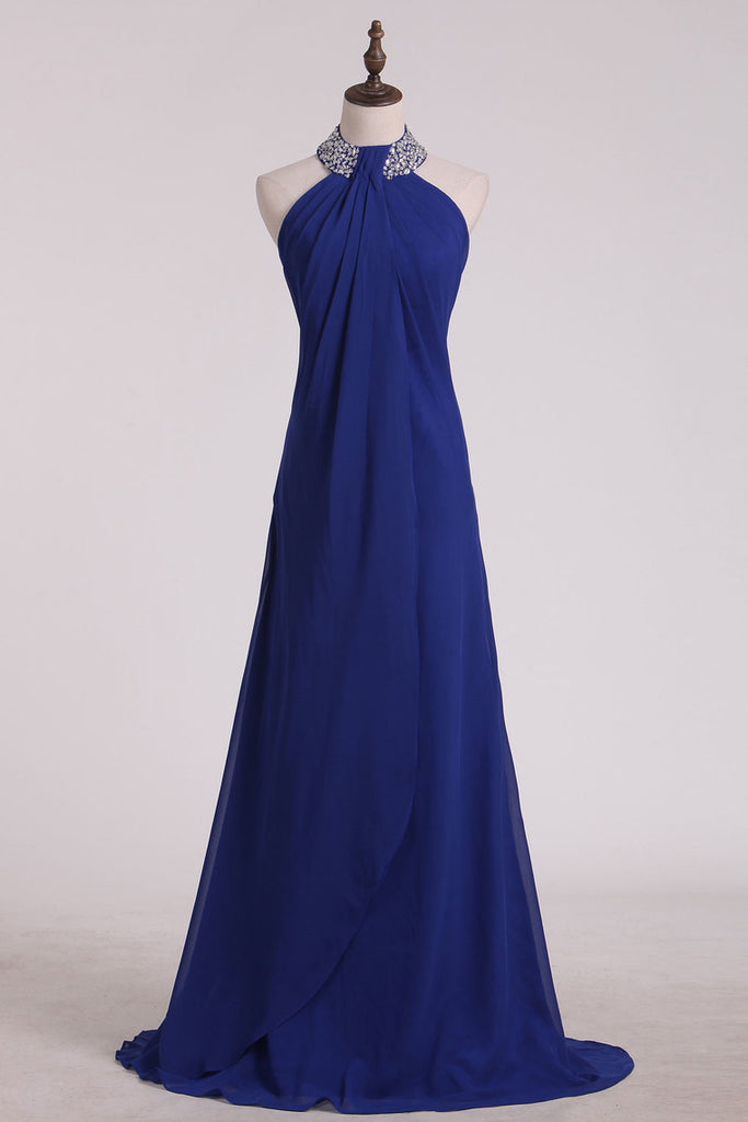 2022 Foncé Bleu Royal Halter robes de demoiselle en mousseline avec perles étage Longueur