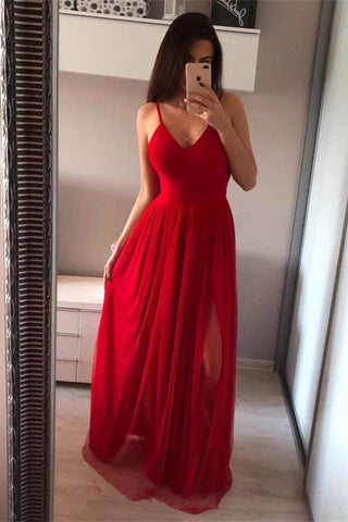 Bretelles spaghetti long rouge devant fendue ouverte dos simples robes de bal bon marché