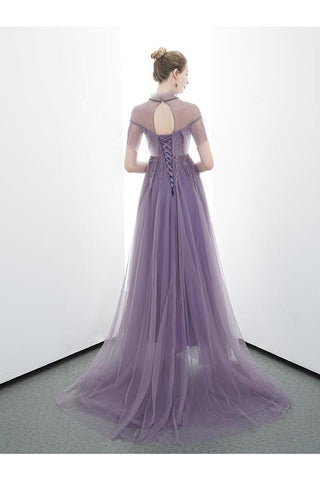 Une ligne de tulle longue robe de bal à col haut avec des volants robe de soirée