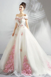 Robe de mariée unique en tulle à épaules dénudées avec des fleurs roses, robe de mariée en robe de bal