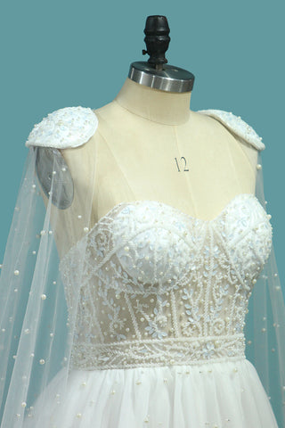 2024 chérie robes de mariée une ligne de tulle avec des perles balayage train