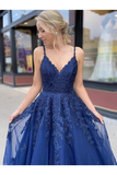 Tulle bleu foncé appliques bretelles spaghetti longue robe de bal robe de soirée