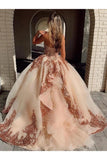 Appliques en bois de rose tulle champagne décolleté coeur robe de bal robe de Quinceanera robe de bal