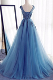 Charmant bleu longue dentelle tulle dos ouvert dentelle princesse robes de bal