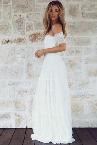 A-ligne dentelle robes de mariée plage longueur de plancher sans bretelles