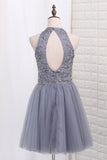 2024 A Line Homecoming Robes Halter Tulle Beaded Bodice Short / Mini