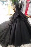 Robe de mariée en robe de bal noire superbe avec des mancherons, longue robe de mariée avec des perles