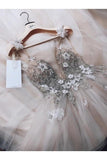 A Line Spaghetti Straps Tulle Beads V Neck Robes de bal, HandMade Flowers Wedding Dress