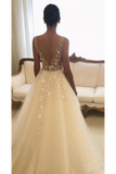 Élégantes robes de mariée en tulle sans manches à col en V avec des appliques, une robe de mariée en ligne