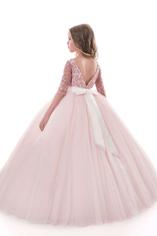 2022 Tulle Scoop Flower Girl Robes Ball Gown Mid-Length Sleeves With Sash