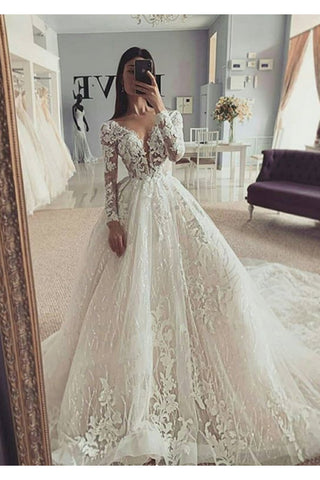 Robe de mariée robe de bal illusion manches longues avec appliques col v